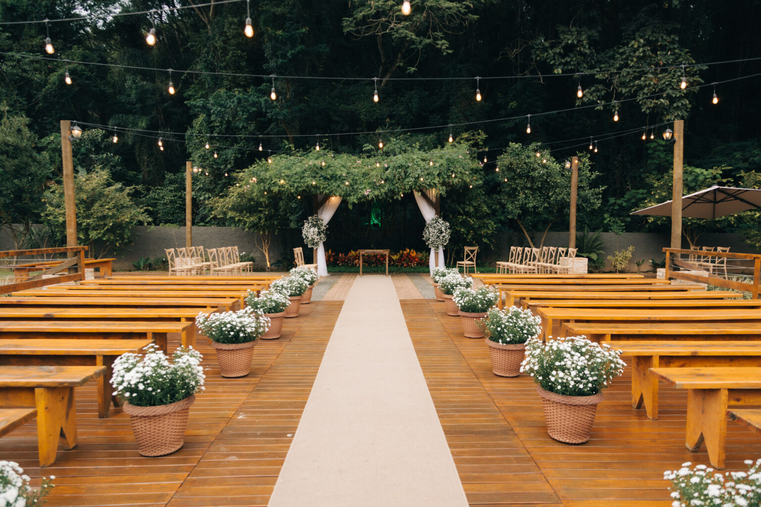 An outdoor wedding ceremony setup